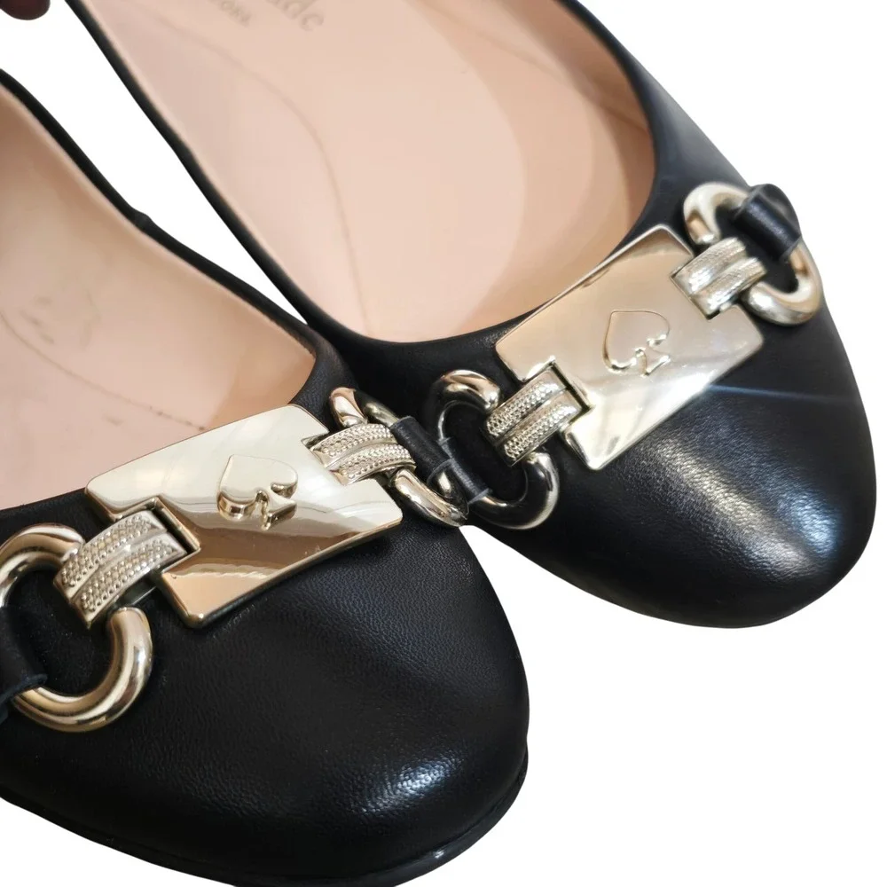 Kate Spade Payton Black Leather Flats Gold Hardware Spade Logo Size 6.5B A23/138
